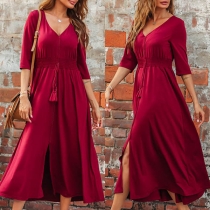 Fashion Solid Color Half Sleeve V-neck High Waist Dress