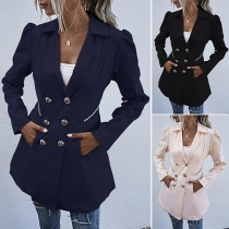 Fashion Solid Color Long Sleeve Notched Lapel Double-breasted Windbreaker Coat