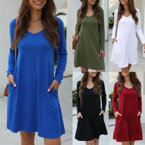 Simple Style Long Sleeve V-neck Solid Color Dress