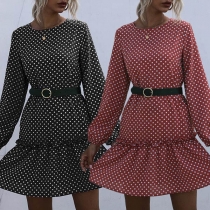 Fashion Long Sleeve Round Neck Ruffle Hem Dots Printed Dress