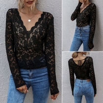 Sexy Long Sleeve V-neck See-through Lace T-shirt