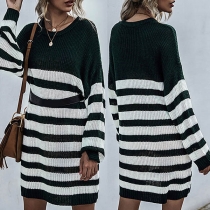 Fashion Long Sleeve Round Neck Striped Knit Dress