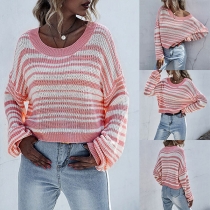Fashion Solid Color Long Sleeve Round Neck Striped Knit Top