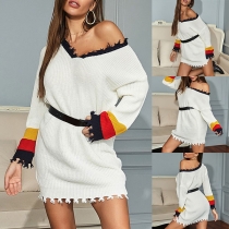 Fashion Contrast Color Long Sleeve V-neck Sweater Dress