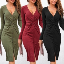 Sexy V-neck Slit Hem Long Sleeve Solid Color Knit Dress