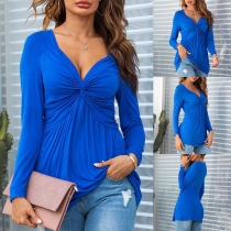 Fashion Solid Color Long Sleeve V-neck Twisted T-shirt