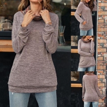 Fashion Printed Spliced Cowl Neck Long Sleeve Knit Top