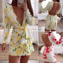 Sexy Backless Deep V-neck Long Sleeve Slim Fit Printed Dress