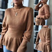 Fashion Solid Color Long Sleeve High Collar Knit Top