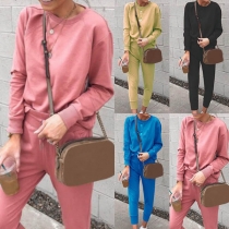 Fashion Solid Color Long Sleeve Round Neck Top + Pants Two-piece Set
