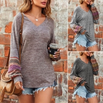 Ethnic Style Printed Spliced Lantern Sleeve V-neck T-shirt