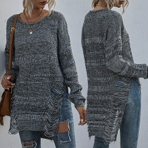 Fashion Mixed Color Long Sleeve Round Neck Slit Hem Knit Top