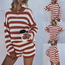 Fashion Long Sleeve Round Neck Striped Knit Top + Shorts Two-piece Set