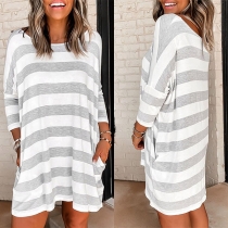 Casual Style Long Sleeve Round Neck Striped Dress