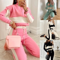 Fashion Contrast Color Long Sleeve Stand Collar Knit Top + Pants Two-piece Set