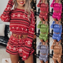 Fashion Long Sleeve Round Neck Snowflake Printed Top + Shorts Two-piece Set