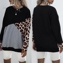 Fashion Leopard Spliced Long Sleeve Round Neck Sweatshirt