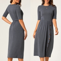 Elegant Solid Color Half Sleeve Round Neck High Waist Dress