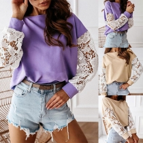Fashion Hollow Out Lace Spliced Long Sleeve Round Neck T-shirt