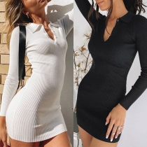 Fashion Solid Color Long Sleeve POLO Collar Slim Fit Dress