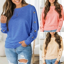 Fashion Solid Color Long Sleeve Round Neck Button T-shirt