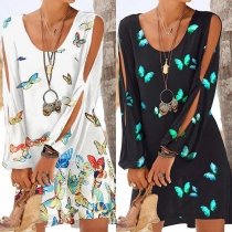 Sexy Slit Long Sleeve Round Neck Butterfly Printed Dress