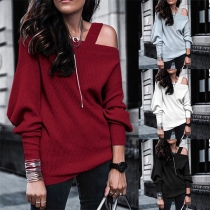 Sexy Off-shoulder Long Sleeve Solid Color Knit Top