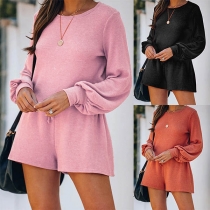 Fashion Solid Color Lantern Sleeve Top + Shorts Two-piece Set