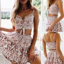 Sexy Backless V-neck Printed Sling Crop Top + Skirt Two-piece Set