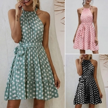 Sexy Off-shoulder High Waist Dots Printed Halter Dress