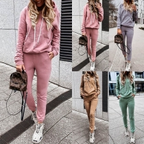 Fashion Solid Color Hooded Sweatshirt + Pants Two-piece Set