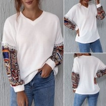 Fashion Printed Spliced Long Sleeve V-neck T-shirt