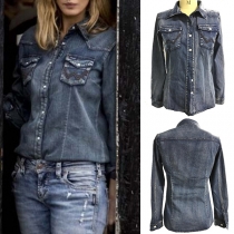 Fashion Long Sleeve POLO Collar Denim Shirt