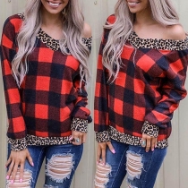 Fashion Leopard Spliced Long Sleeve V-neck Plaid Sweatshirt