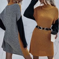 Fashion Contrast Color Long Sleeve Turtleneck Knit Dress
