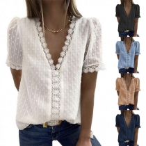 Sexy Lace Spliced Short Sleeve V-neck Solid Color Top(The size falls small)