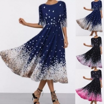 Elegant Half Sleeve Round Neck High Waist Printed Dress
