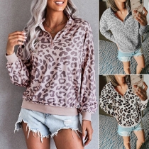 Fashion Leopard Printed Long Sleeve Stand Collar Sweatshirt
