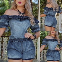 Sexy Ruffle Boat Neck Short Sleeve High Waist Denim Romper