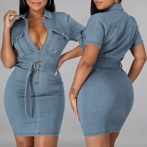 Fashion Short Sleeve POLO Collar Slim Fit Denim Dress