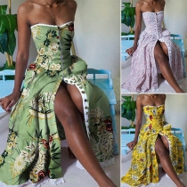 Sexy Strapless Slit Hem High Waist Printed Party Dress