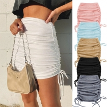 Fashion Solid Color High Waist Side-drawstring Slim Fit Skirt