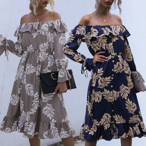 Sexy Ruffle Boat Neck Long Sleeve High Waist Printed Dress