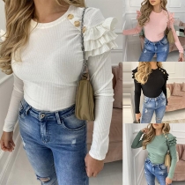 Fashion Solid Color Long Sleeve Round Neck Slim Fit Ruffle T-shirt