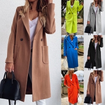 Fashion Solid Color Long Sleeve Notched Lapel Woolen Coat