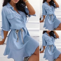 Fashion Short Sleeve POLO Collar Ruffle Hem Dress