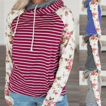 Fashion Printed Spliced Long Sleeve Hooded Striped Sweatshirt