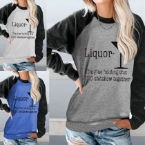 Fashion Contrast Color Long Sleeve Round Neck Letters Printed T-shirt