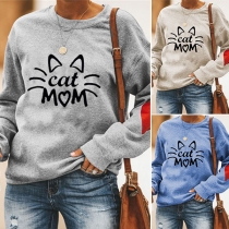 Cute Cat Printed Long Sleeve Round Neck Top