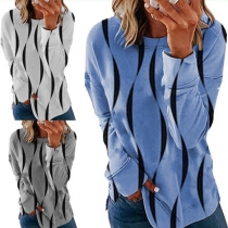 Fashion Long Sleeve Round Neck Striped Printed Sweatshirt